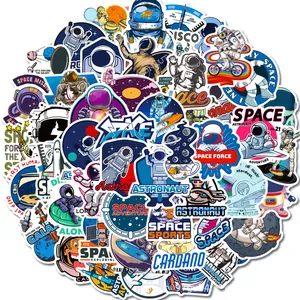 Detailed assortment of waterproof space-themed stickers featuring astronauts and planets