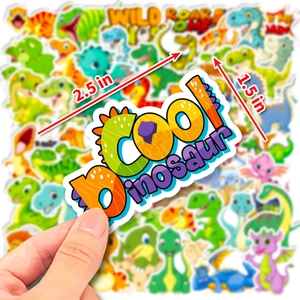 Close-up of waterproof cartoon dinosaur sticker with matte finish and size specifications