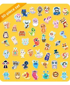 Detailed layout map showing 50 colorful cartoon animal stickers for kids on yellow background