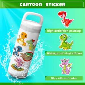 Waterproof vinyl cartoon dinosaur stickers showing high definition printing on a water bottle