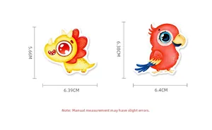 Detail showing cartoon dinosaur and parrot stickers with precise measurement dimensions