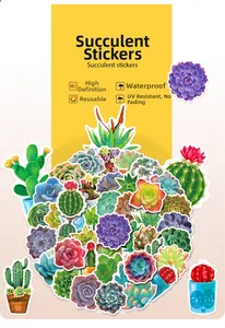 Detailed view of waterproof succulent stickers featuring realistic green and purple plants