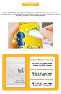 Waterproof dinosaur stickers with reusable adhesive and kraft zipper bags for storage
