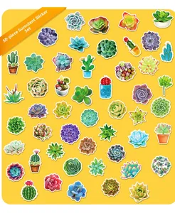 50-piece succulent and cactus sticker set with vibrant hand-drawn green plant designs