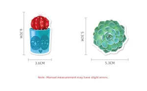 Detailed dimensions of succulent plant stickers featuring cactus and lotus designs