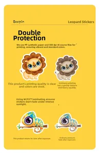 Detail of durable waterproof animal stickers featuring lion and chameleon cartoon designs