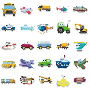 Set of 25 cute cartoon transportation stickers featuring cars planes and boats for kids
