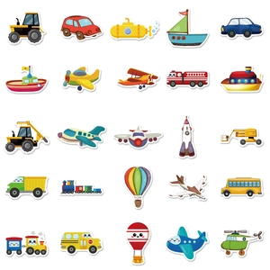 Collection of 50 cartoon transport stickers for kids including ships and cars