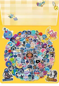 Detailed spread of colorful astronaut and planet space stickers on a yellow background