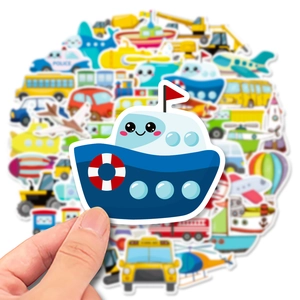 Close-up of cute cartoon vehicle stickers including blue ferry for kids early education