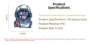 Detailed view showing dimensions and PVC material of NASA astronaut stickers set