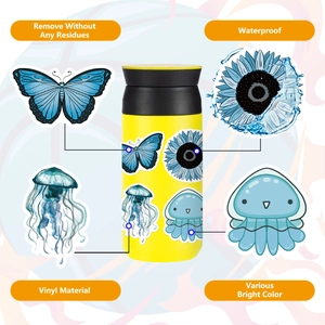 Autocollants VSCO en vinyle imperméables motifs nature bleue sur une gourde jaune