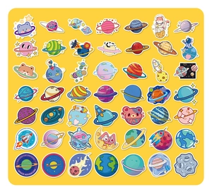 Collection of astronaut stickers featuring planets and rockets on a yellow background