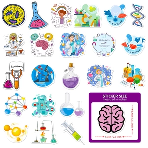 Set of 50 science experiment stickers with DNA, flasks, and microscope for laptops