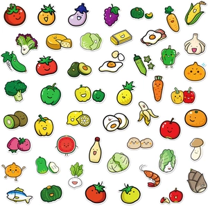 50-piece cute hand-drawn fruit and vegetable stickers with cartoon emoji for kids