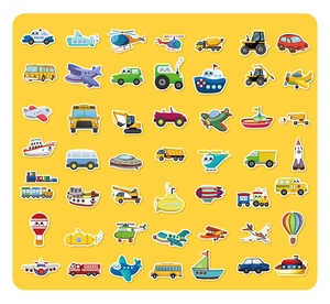Detailed collection of cute cartoon vehicle stickers with high-quality 2D design