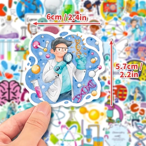 50pcs science experiment stickers featuring cartoon scientist with 6cm size detail