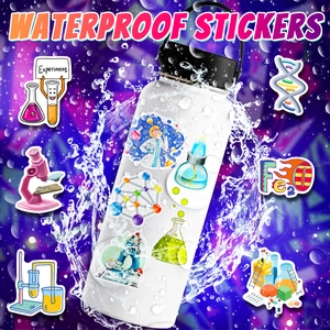 Waterproof science stickers with DNA and flask designs applied to a white water bottle