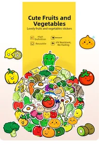 Waterproof cartoon fruit and vegetable stickers featuring cute expressions and high-definition print