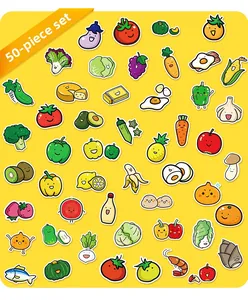 Detailed flat lay of 50 cartoon fruit and vegetable stickers with cute facial expressions