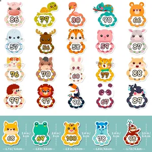 Set de pegatinas de animales educativos con tabla de tallas y números 56-100 para niños
