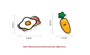 Detailed stickers showing cute cartoon fried egg on bacon and carrot with dimensions