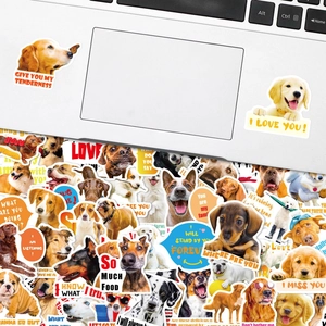 50 realistic dog stickers featuring cute puppies and breeds on a laptop and scattered view