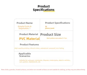 Detailed specifications table for 50pcs waterproof PVC fruit and vegetable stickers