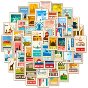 Travel landmark sticker set featuring world-famous buildings and vintage stamp designs