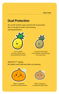 Detail of waterproof fruit stickers made of PP synthetic paper with 300 dpi print quality