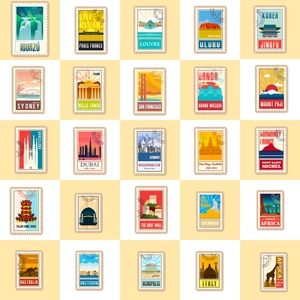 Set of 50 vintage travel landmark stickers featuring world-famous architecture for laptops