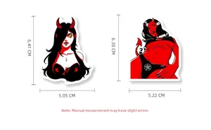 Detailed size view of two gothic red and black demon girl stickers with precise measurements