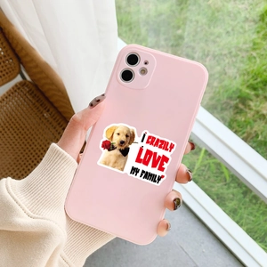 Pale pink smartphone case featuring a golden retriever puppy with a rose and family text