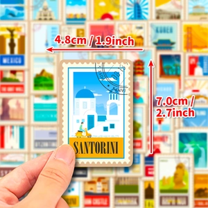 Travel landmark stamp stickers set showing Santorini Greek church design with size dimensions