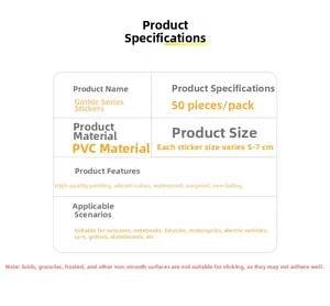 PVC Gothic stickers specs: 50 pieces, 5-7cm size, waterproof and sun-proof material details