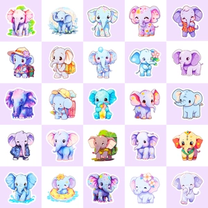 Set of 50 cute cartoon elephant stickers in pastel colors for DIY decor and crafts
