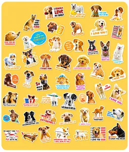 Detailed flat lay of 50 realistic dog stickers with cute puppy breeds and quotes