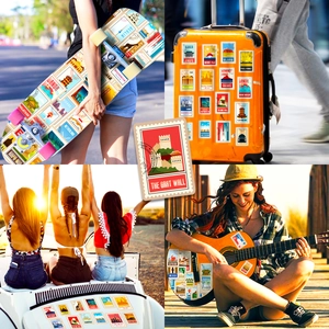 Close-up of vintage world landmark stickers in stamp style for luggage and laptops
