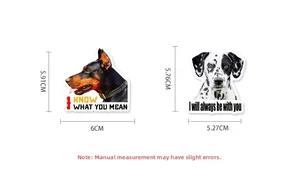 Detailed size chart for Doberman and Dalmatian realistic dog stickers with dimensions