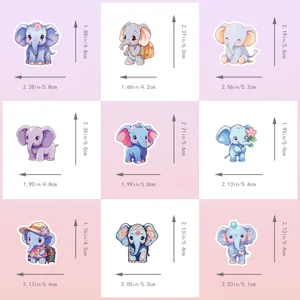 Detailed size guide chart for 9 various cute cartoon elephant stickers in cm and inches