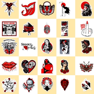 Pack of 25 Gothic punk stickers featuring red and black skulls, roses, and demons