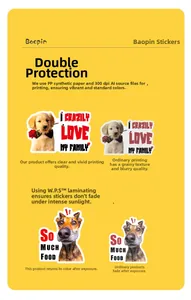 Detail of waterproof realistic puppy stickers showing 300dpi high-precision printing quality