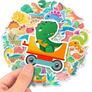 Close-up of waterproof cartoon dinosaur stickers featuring cute Tyrannosaurus and triceratops