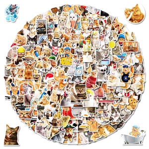 Bulk pack of 200 waterproof PVC cat stickers featuring diverse realistic and funny feline designs