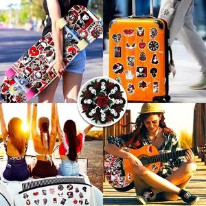 50 Gothic horror stickers featuring red and black skulls and roses for luggage and skateboards