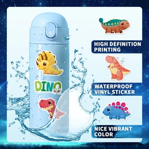 Macro shot of waterproof vinyl dinosaur stickers with vibrant colors and HD printing