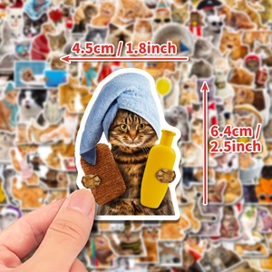 Waterproof realistic tabby cat bath sticker holding yellow soap bottle and towel