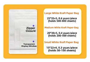 Tableau des tailles pour sacs en papier kraft blanc avec fenêtre en trois formats variés