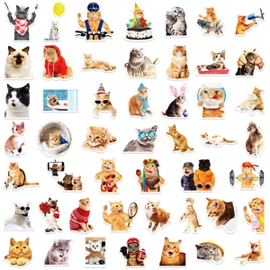Flat lay of multiple realistic cat stickers with various cute designs on white background