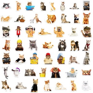 Detailed view of varied anthropomorphic cat stickers with realistic breeds and waterproof finish